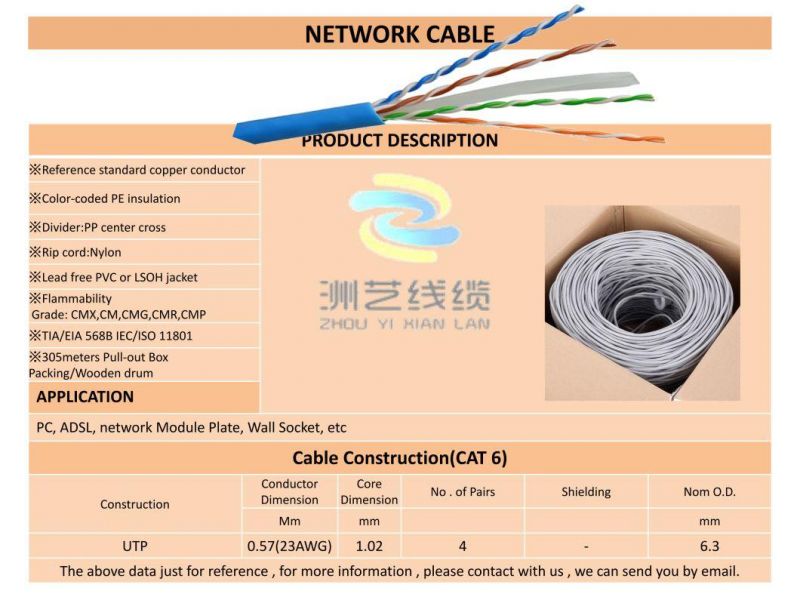 Copper Conductor PE Insulation PVC Jacket UTP CAT6 Computer Data Cable