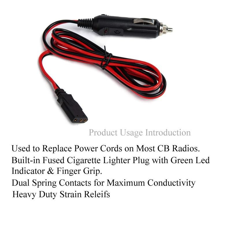CB Power Cord Cable 2-Wire 15A 3-Pin Plug Fused Replacement with 12V Cigarette Lighter Plug for Ham Radio