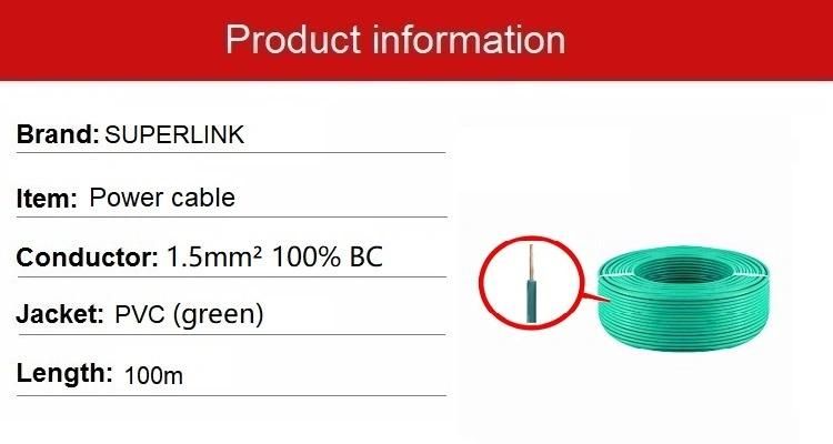 Superlink Hy1310gr Electric Wire BV 1.5mm Wire with Single Copper Core PVC Insulated Electric Cable for Switch