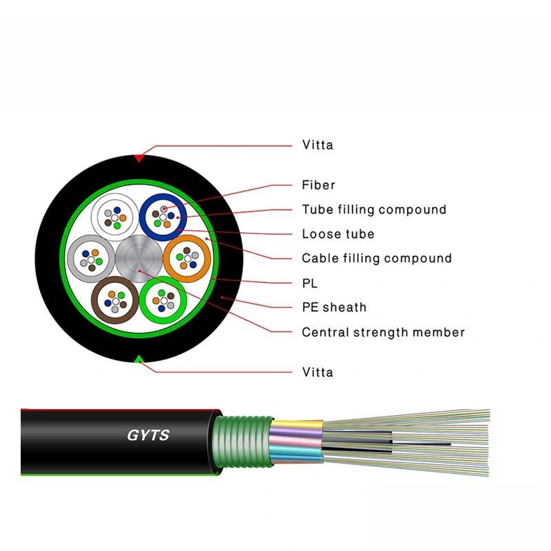 Outdoor Duct Armoured Steel Tape Single Mode 24 48 96 Core G652D 12 Core Fiber Optic Cable Anti Rodent Cable GYTS