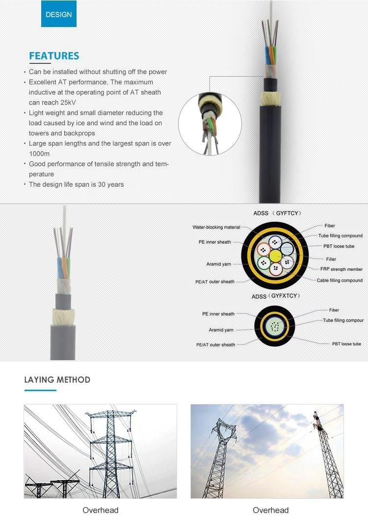 All Dielectric Self-Supporting Aerial Cable ADSS with 100m 200m Span