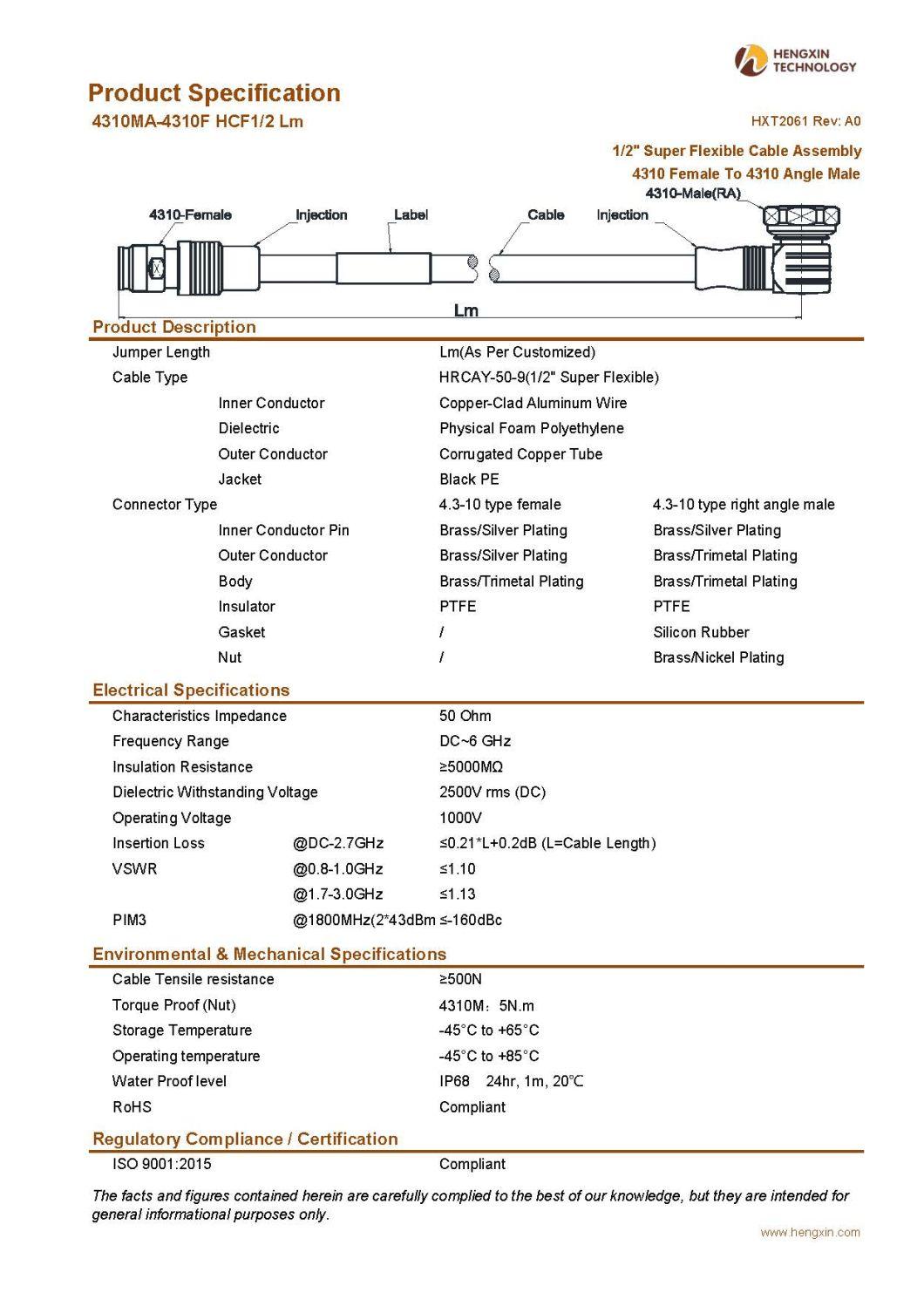 RF Coaxial Jumper Cable Assembly with 1/2" Super Flexible RF Cable 4310 Female to 4310 Angle Male