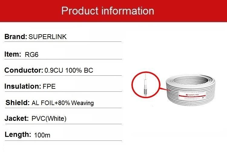 Superlink Hy1608wh RG6 Coaxial Cable with Copper Conductor 80% Braiding CCTV CATV Cable