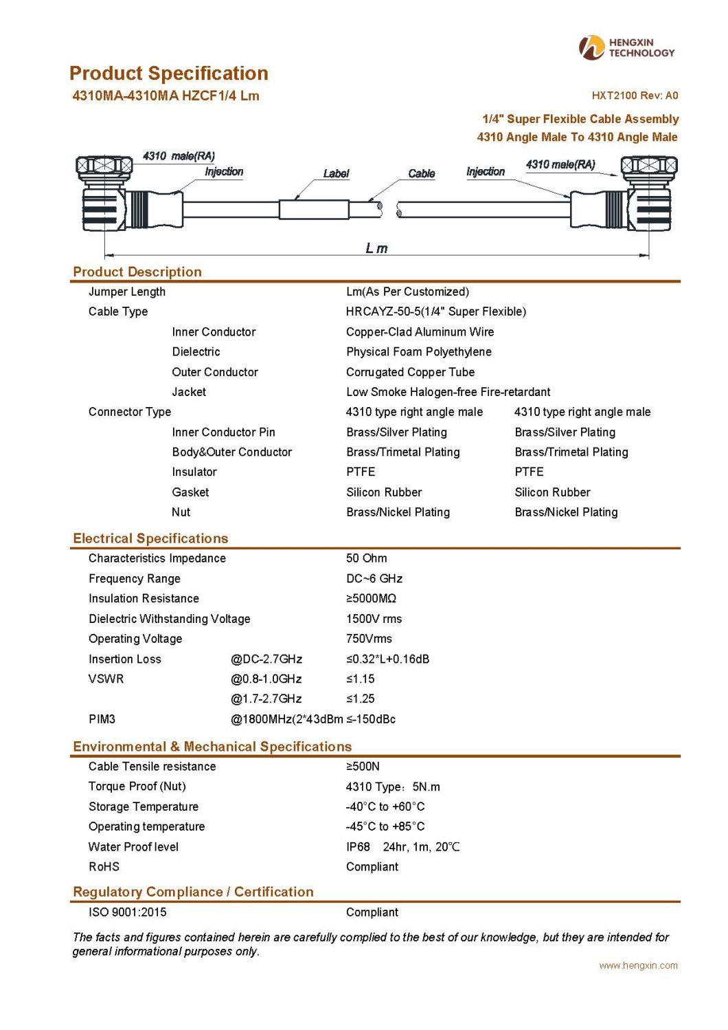 RF Coaxial Jumper Cable Assembly with 1/2" Super Flexible RF Cable 4310 Angle Male to 4310 Angle Male