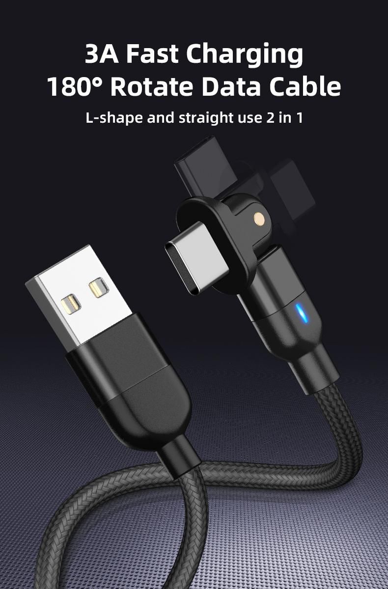 New Arrival Durable Nylon Braided Micro USB Type-C 180 Rotation 2.4A Data USB Charging Cable for Android Xiaomi