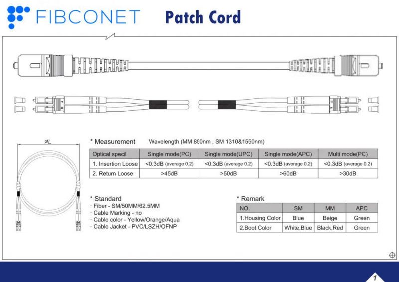 FTTH Single Mode 9/125 Simplex LC/APC - Sc/Upc PVC LSZH Fiber Optic Patch Cord