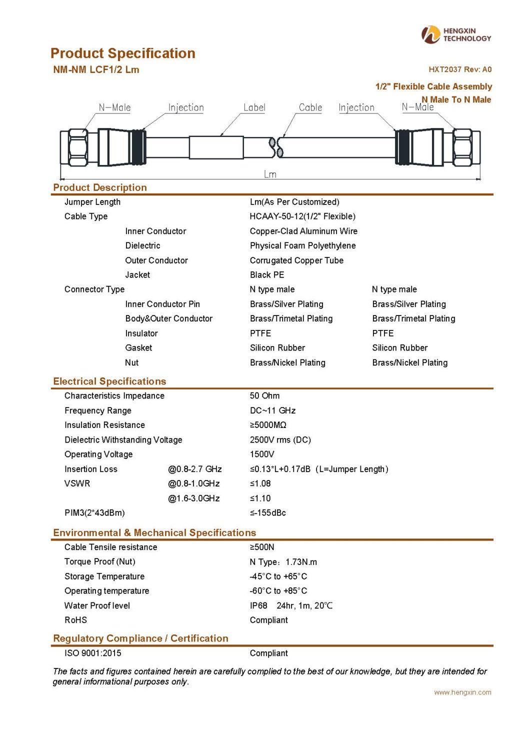 RF Coaxial Jumper Cable Assembly with 1/2" Super Flexible RF Cable N Male to N Male