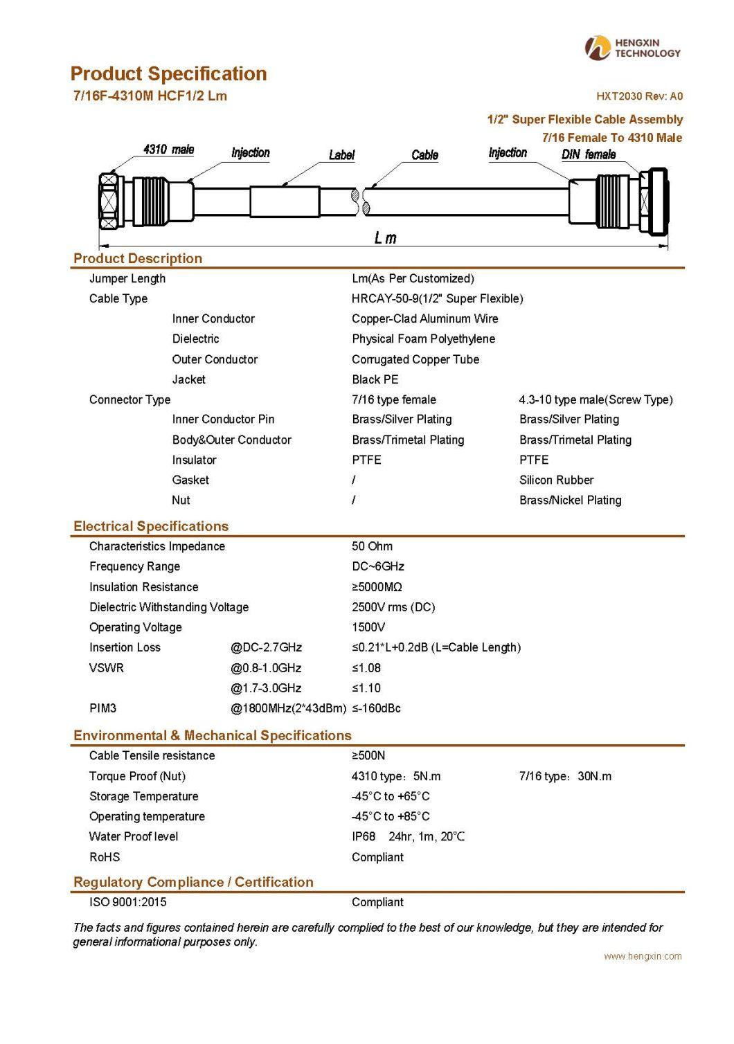 RF Coaxial Jumper Cable Assembly with 1/2" Super Flexible RF Cable 7/16 Female to 4310 Male
