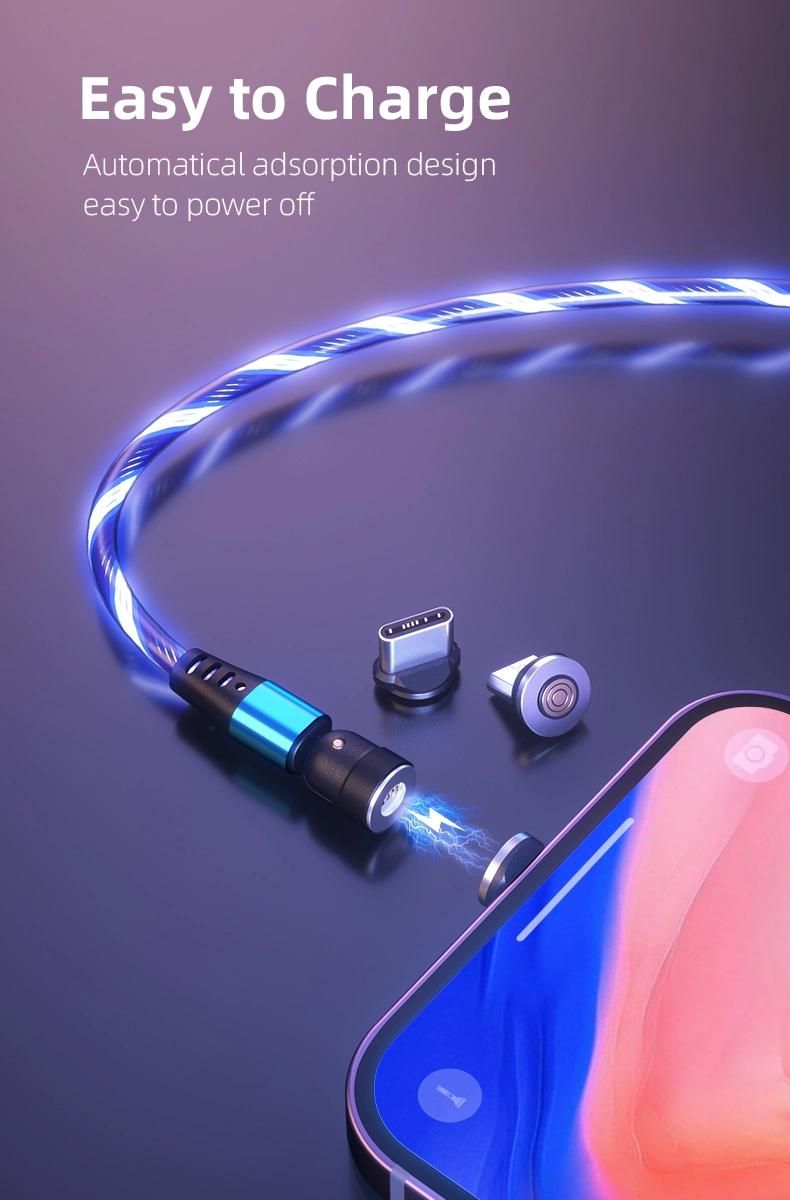 2020 New Trending LED Flowing Light Magnetic Charging Cable Cellphone Fast Charging Cord Micro USB Cable Charger Data Cable Line