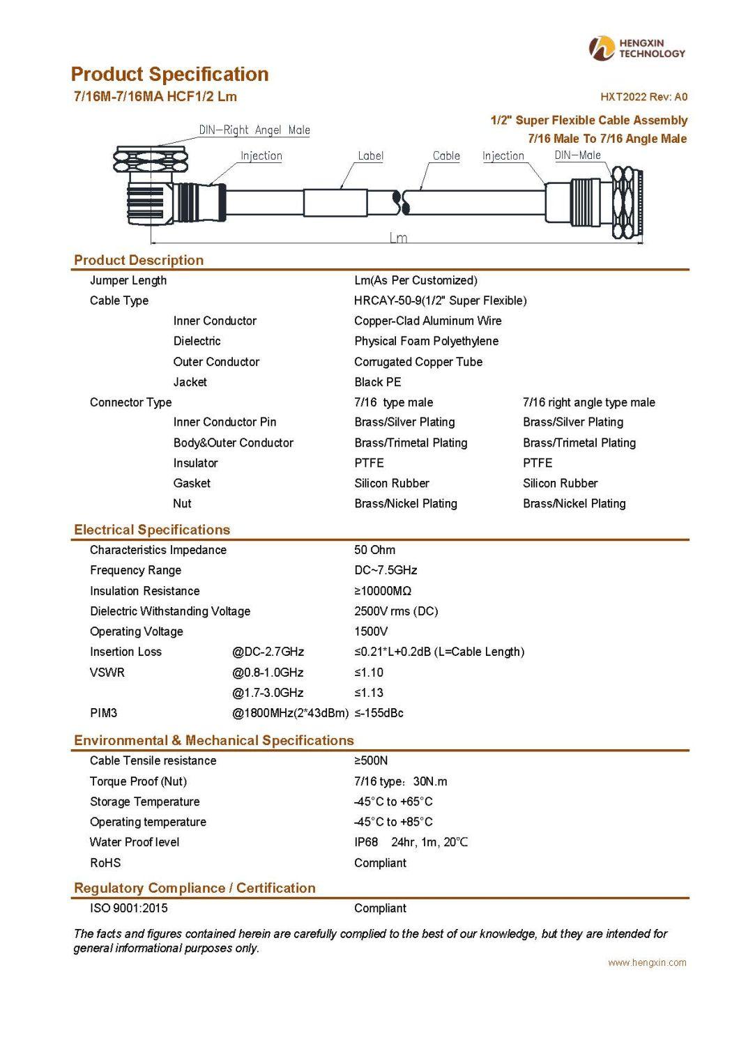 1/2" Super Flexible Cable Assembly with 7/16 Male to 7/16 Angle Male Connectors