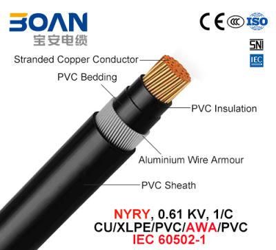 Nyry, Power Cable, 0.6/1 Kv, 1/C, Cu/PVC/PVC/Awa/PVC (IEC 60502-1)