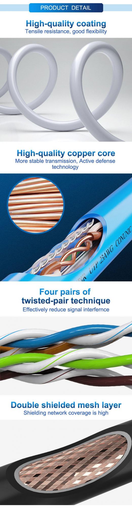 Ethernet Cable CAT6 CAT6A Cat7 Cat7a FTP UTP SFTP 4 Pair 24 AWG Indoor Outdoor Waterproof Network LAN Cable