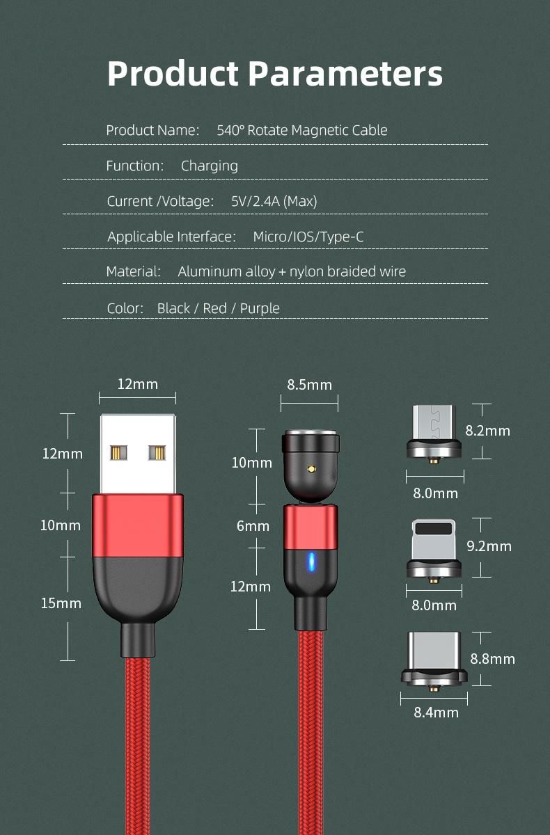 3 in 1 LED Magnetic Charging Cable 360 Degree Rotation Magnetic Adapter 3 Head Phone Charging USB Magnetic Cable