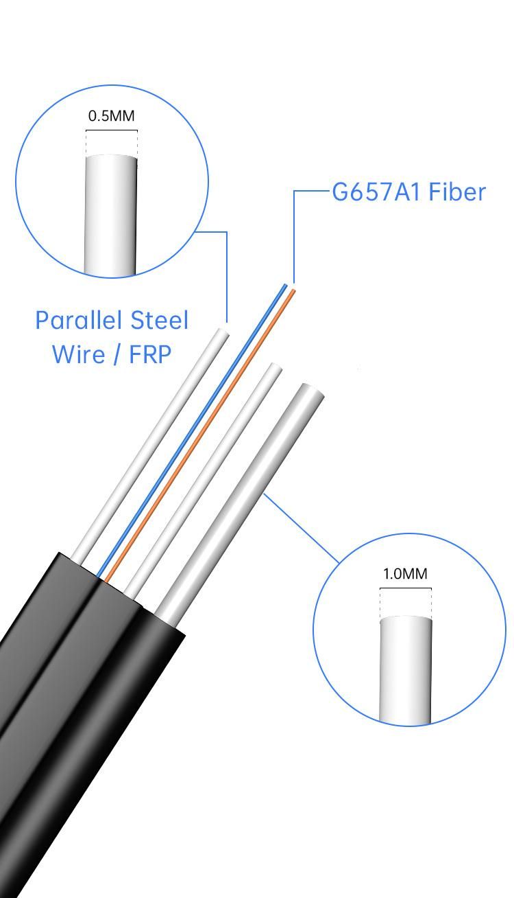 1 Core 2 Core Singlemode FRP G657A2 Galvanized Steel Wire FTTH Drop Fiber Optical Cable