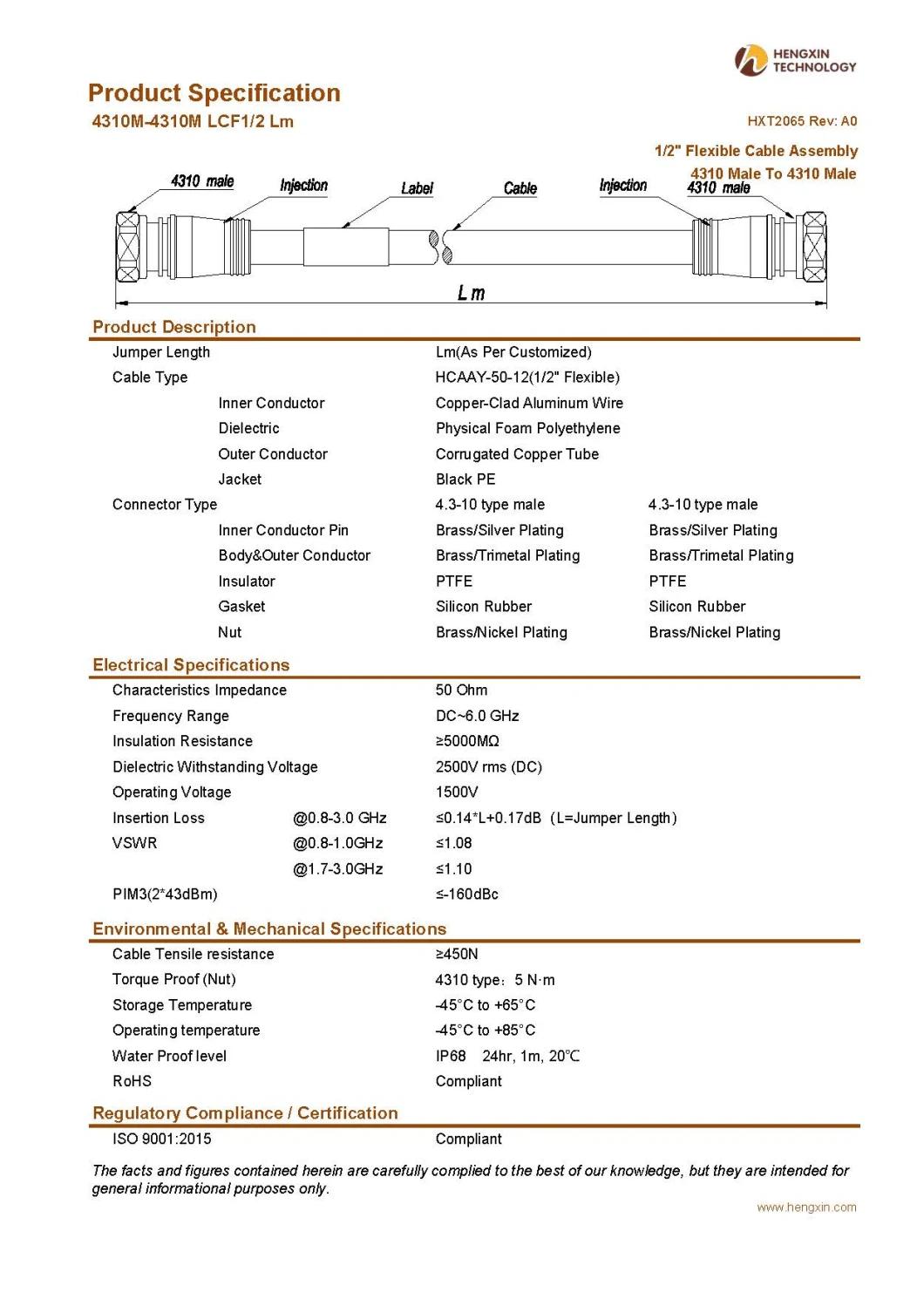 RF Coaxial Jumper Cable Assembly with 1/2" Super Flexible RF Cable 4310 Male to 4310 Male