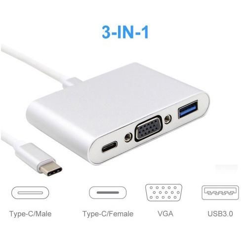 3 in 1 USB Type C Male to VGA Adapter +Female USB3.1 Type C + Female USB 3.0 Charging Port