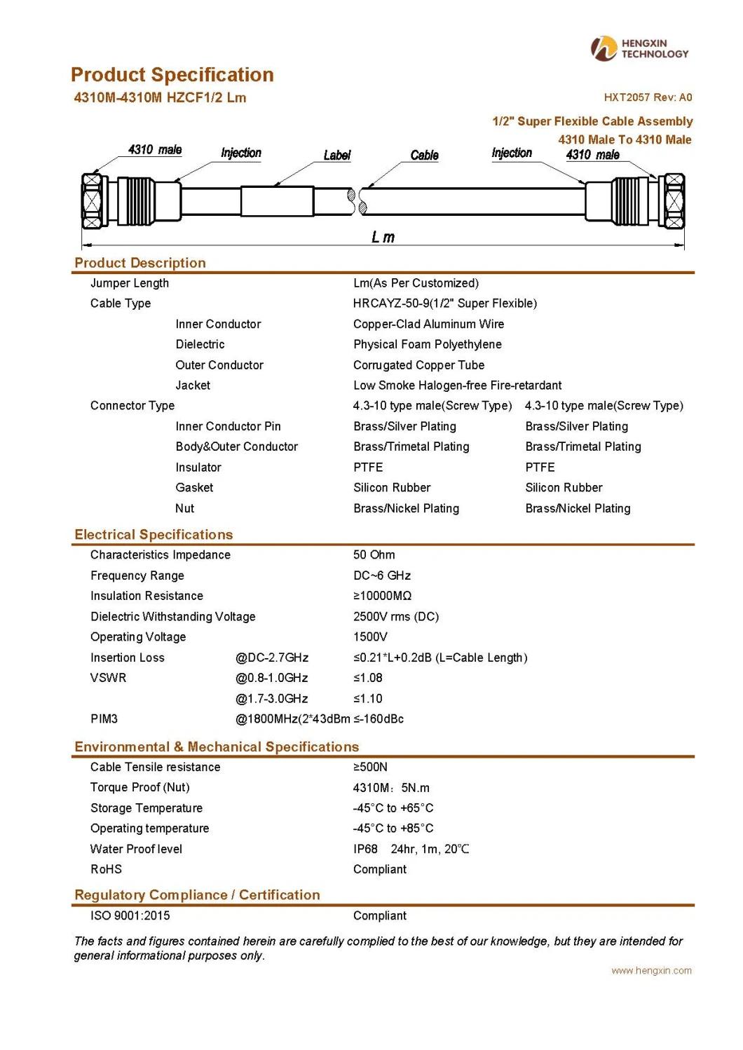 RF Coaxial Jumper Cable Assembly with 1/2" Super Flexible RF Cable 4310 Male to 4310 Male