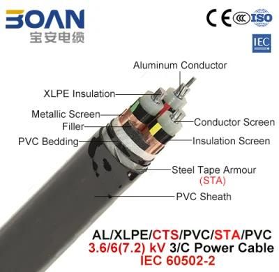 Al/XLPE/Cts/PVC/Sts/PVC, Power Cable, 3.6/6 (7.2) Kv, 3/C (IEC 60502-2)
