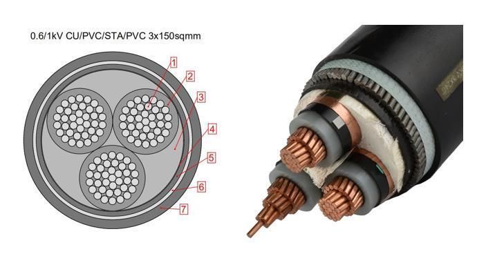 IEC60502 0.6/1kv Electrical Cable 3 X 95mm2 3 X 120mm2 Copper Conductor XLPE or PVC Insulation Galvanized Steel Wire Armoured PVC Sheath