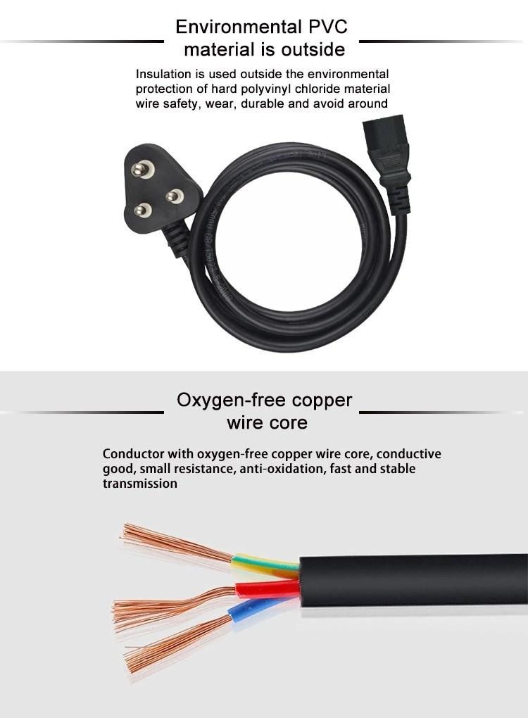 South Africa 3 Pin Plug to IEC C13 Connector Power Cord 6A for Medical Equipments