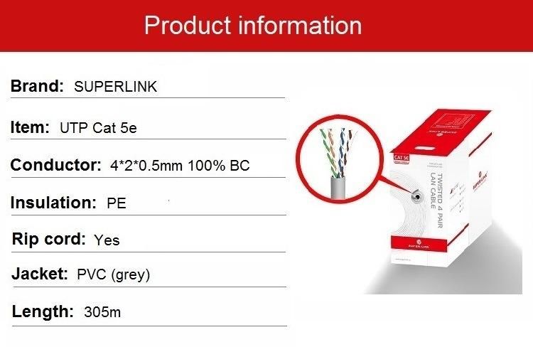 Superlink Hy5006gy LAN Cable UTP Twisted Pair Cable Cat5e 4 Pairs 24AWG Bare Copper Ethernet Network Cable 305m