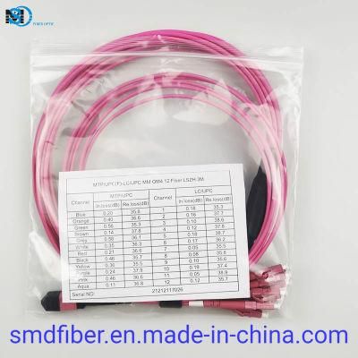 Fiber Optic Patch Cord MPO MTP Male Female to LC Upc 12c 12 Core Om4 Single Mode Sm PVC LSZH 0.9mm 2.0mm 3.0mm