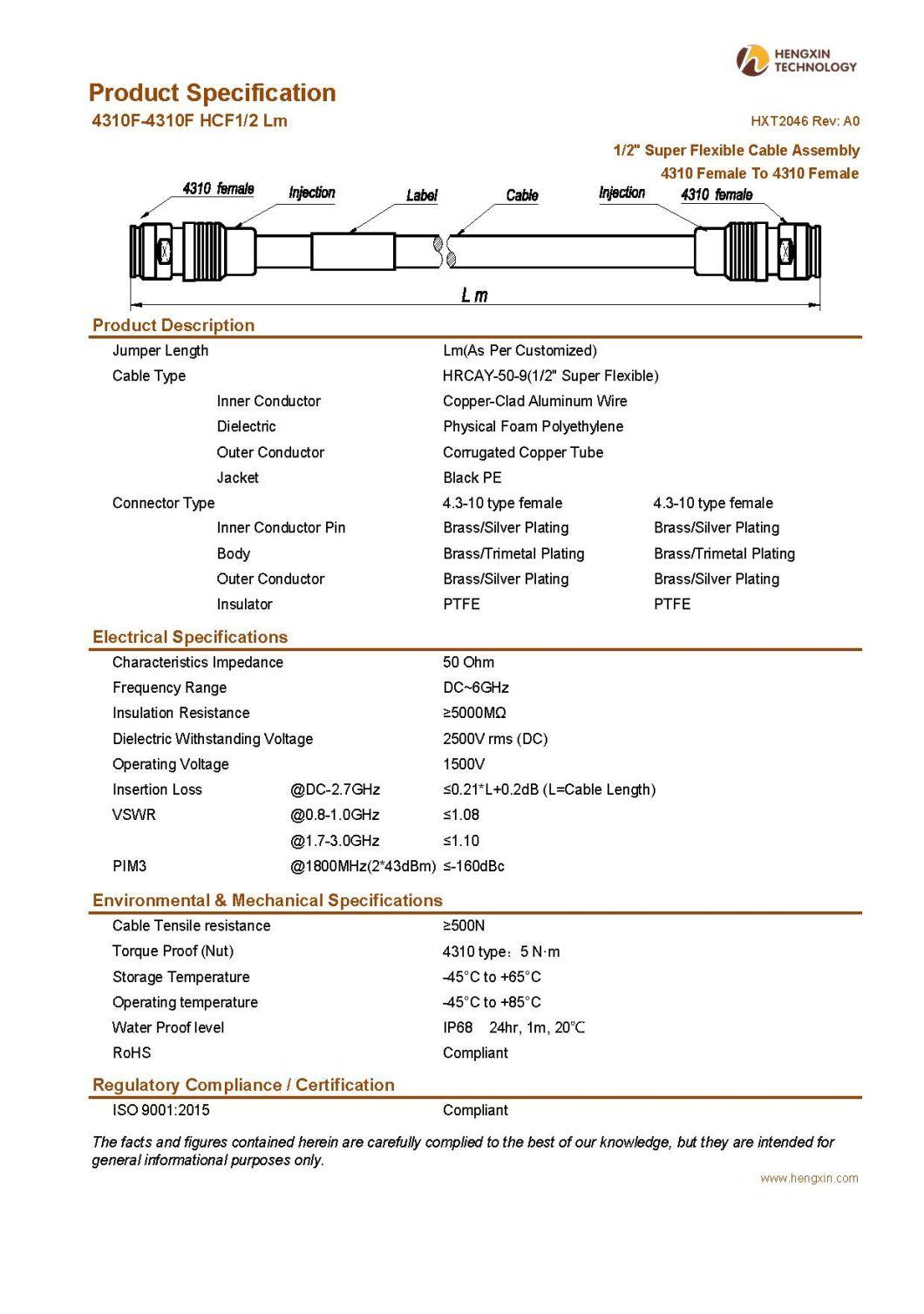 RF Coaxial Jumper Cable Assembly with 1/2" Super Flexible RF Cable 4310 Female to 4310 Female