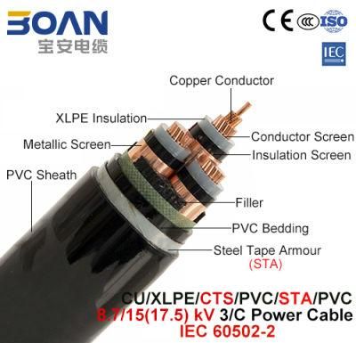 Cu/XLPE/Cts/PVC/Sta/PVC, Power Cable, 8.7/15 (17.5) Kv, 3/C (IEC 60502-2)