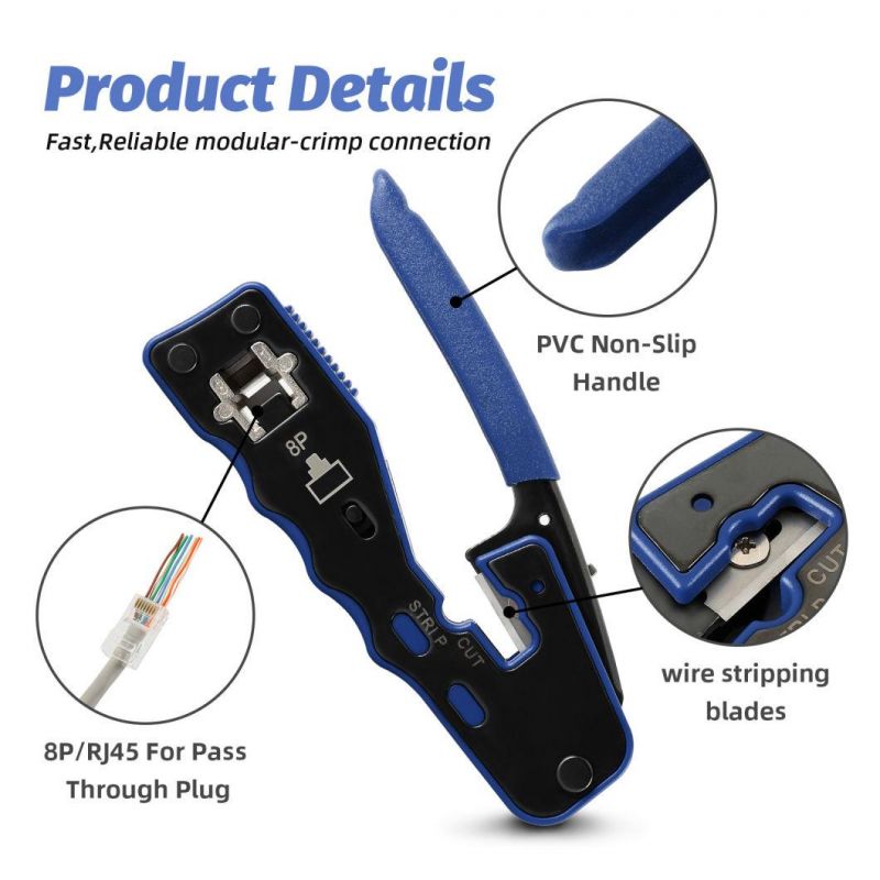 RJ45/8p8c Pass Through Crimping Tool Ethernet Crimper Pass-Thru Network Modular Crimping Tool Ratcheting Wire Crimper for Cat5/CAT6/Cat7