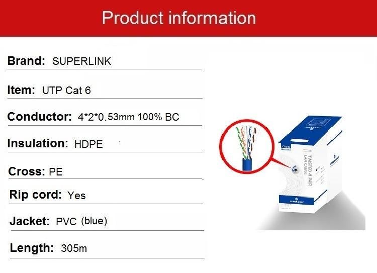 Superlink Hy6012bl LAN Cable Ethernet Cable UTP CAT6 24AWG 4 Pairs Bare Copper 305m Cat 6
