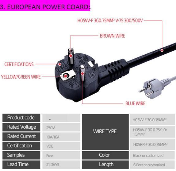 UL AC VDE Power Cord for Europe & North American