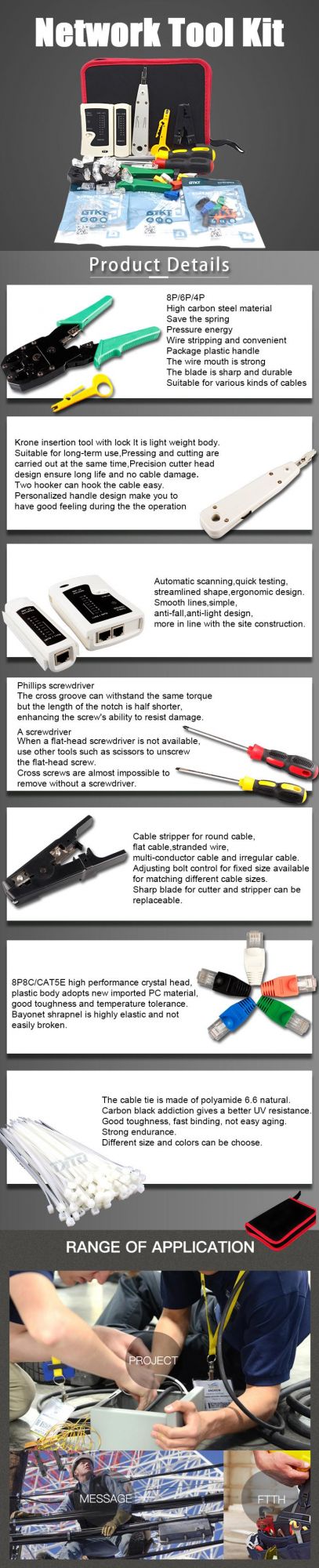 Gcabling Computer Wire Tester Krone Insertion Tool Crimping RJ45 Connector Best Installation Network Tools Kit