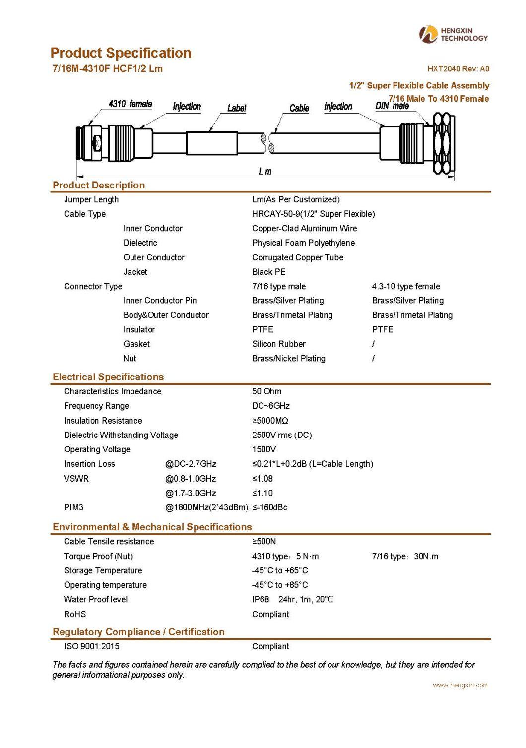 RF Coaxial Jumper Cable Assembly with 1/2" Super Flexible RF Cable 7/16 Male to 4310 Female