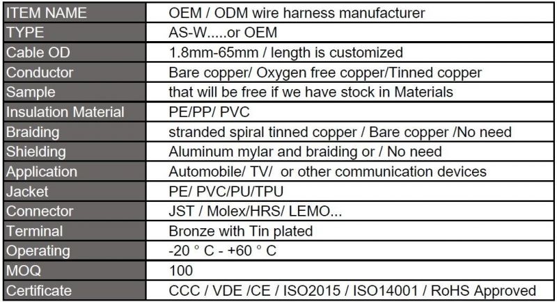 OEM Manufacturer Automotive Cable Assembly China Factory with ISO 9001