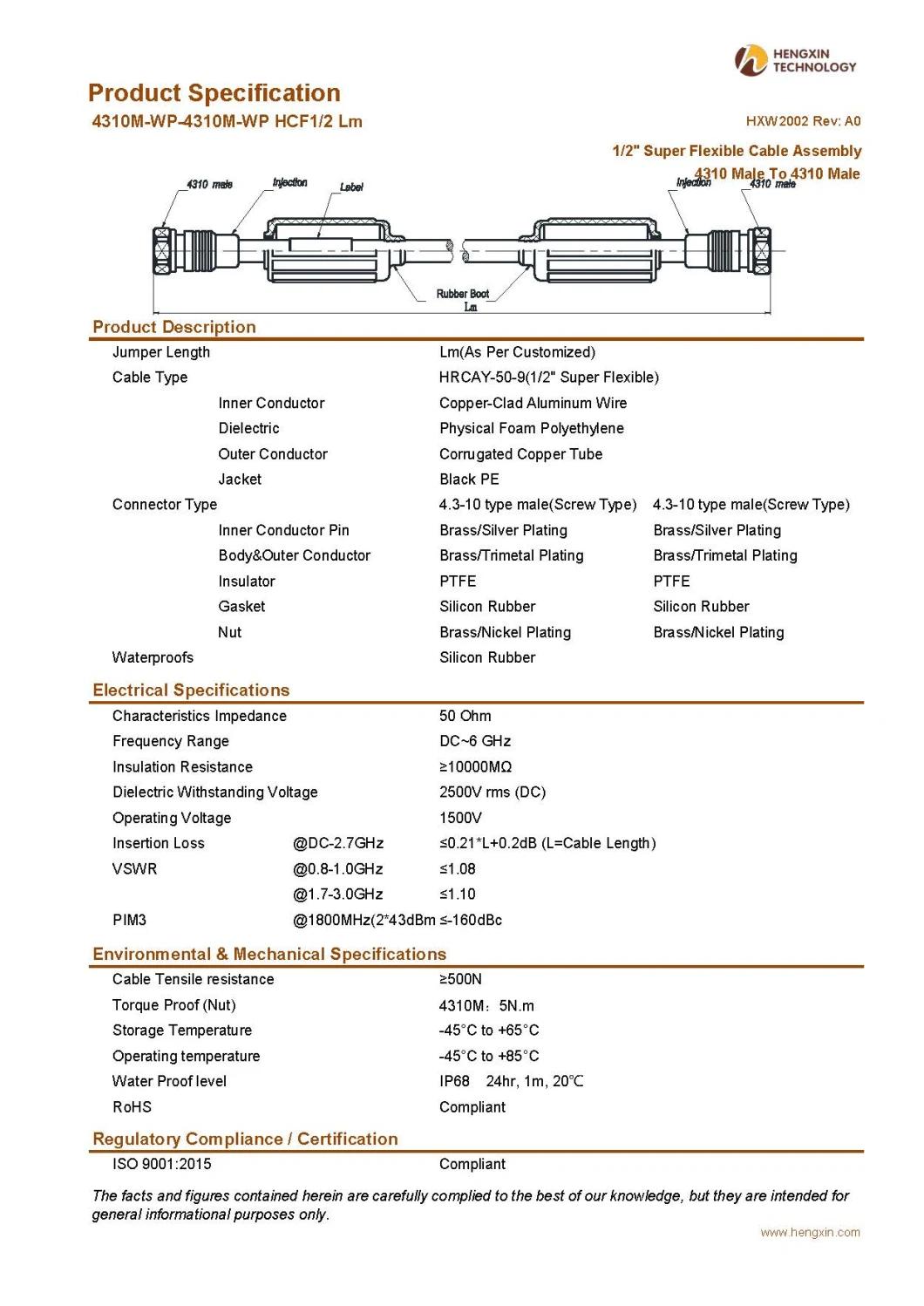 RF Coaxial Waterproofing Jumper Cable Assembly with 1/2" Super Flexible RF Cable 4310 Male to 4310 Male