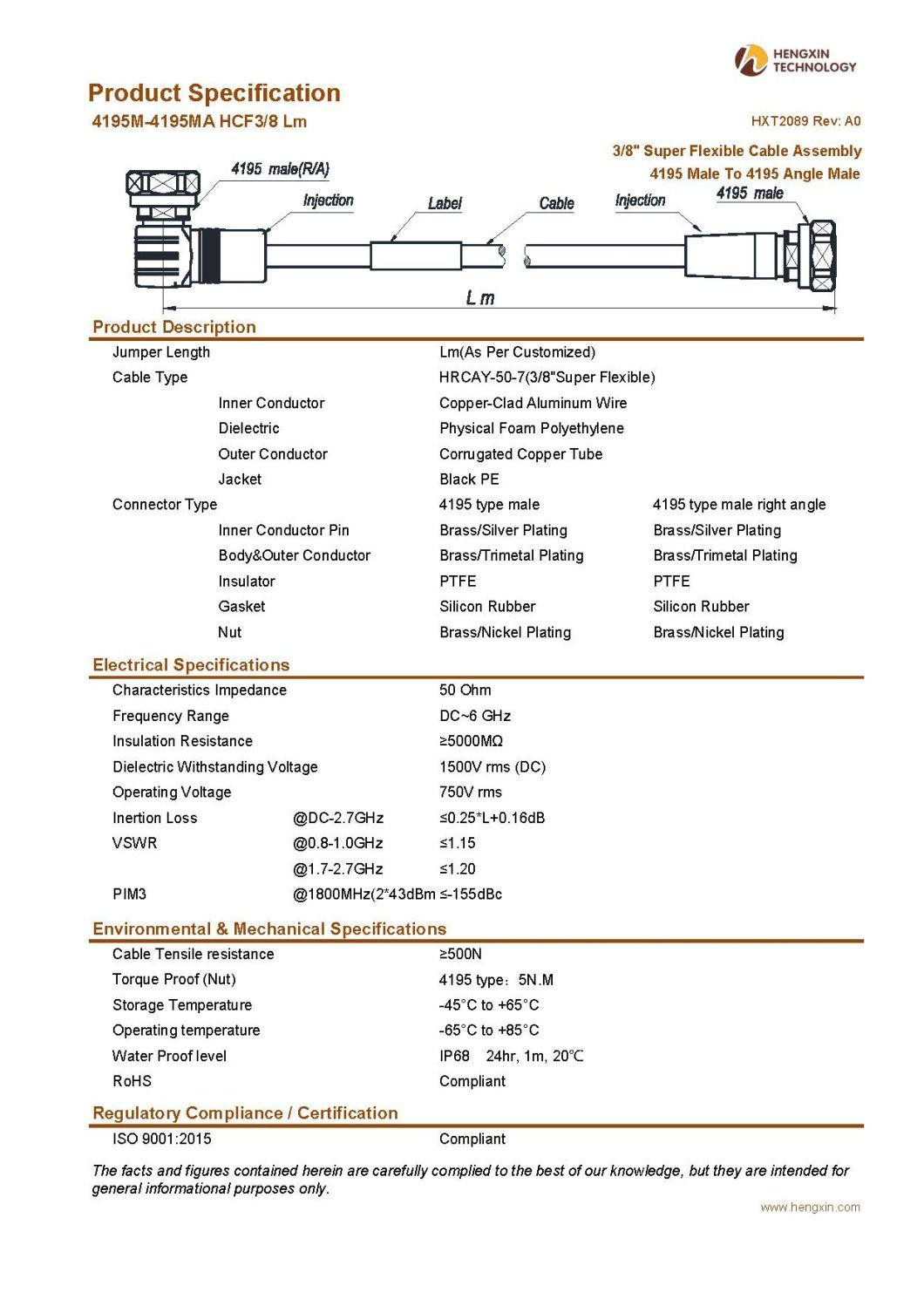 RF Coaxial Jumper Cable Assembly with 3/8" Super Flexible RF Cable 4195 Male to 4195 Angle Male