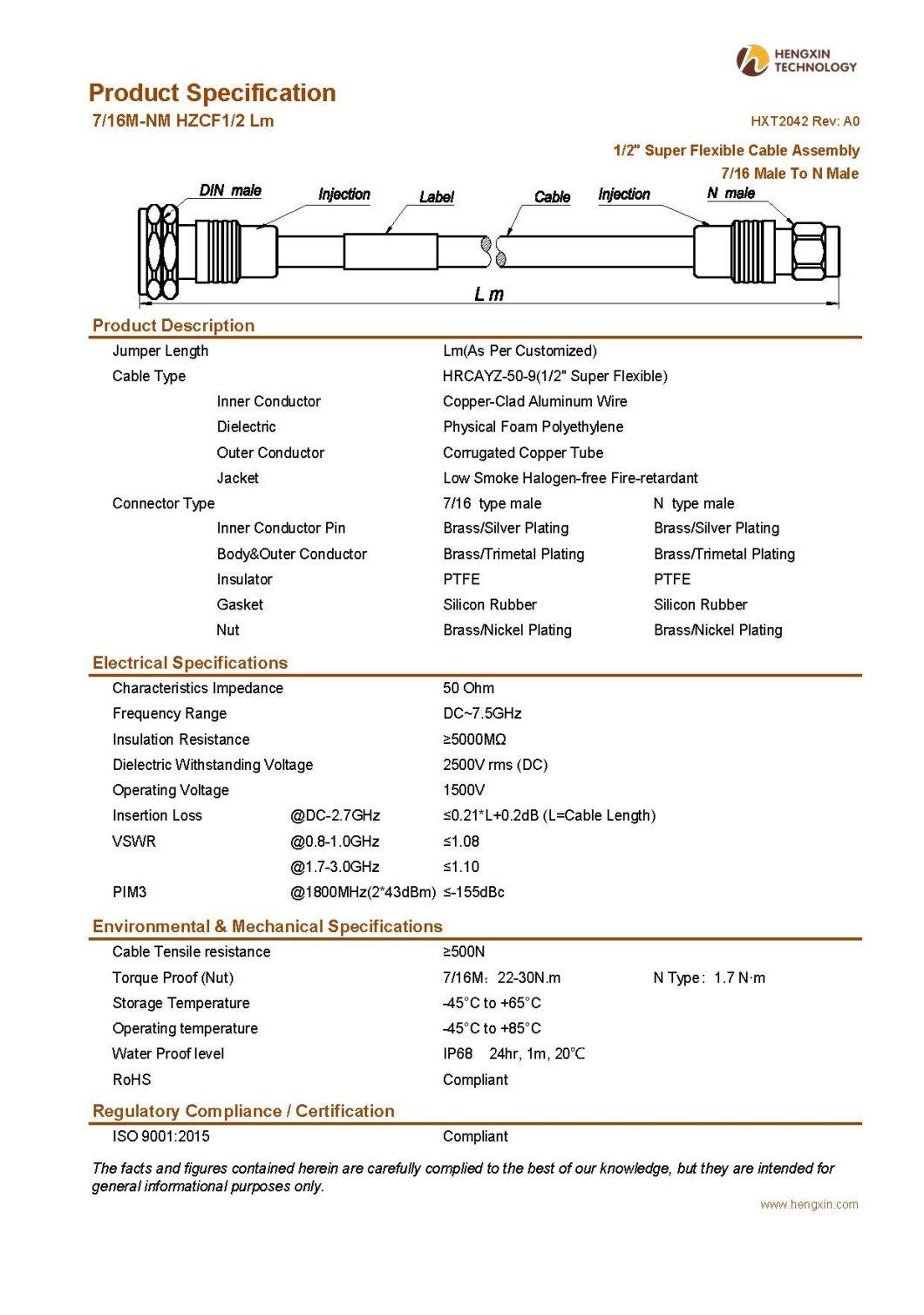 RF Coaxial Jumper Cable Assembly with 1/2" Super Flexible RF Cable 7/16 Male to N Male