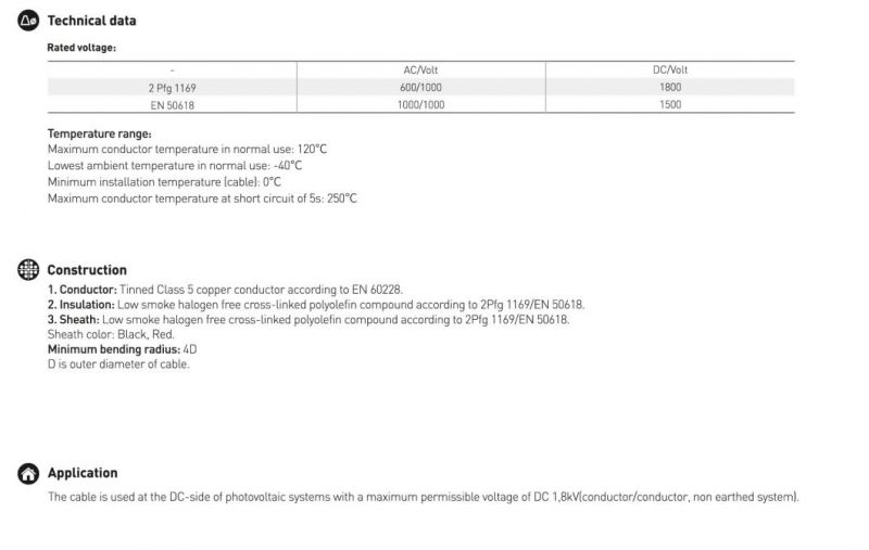 PV1-F, H1z2z2-K, En 50618 or 2 Pfg 1169, Photovoltaic, Solar Cable