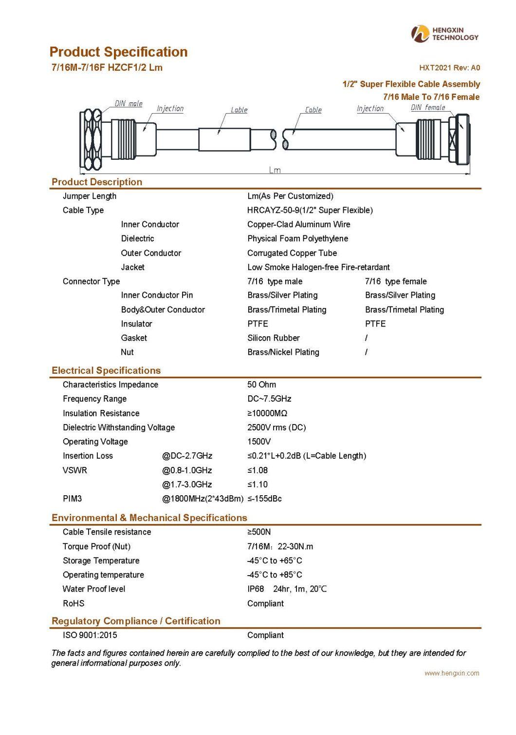 1/2" Super Flexible Cable Assembly 7/16 Male to 7/16 Female