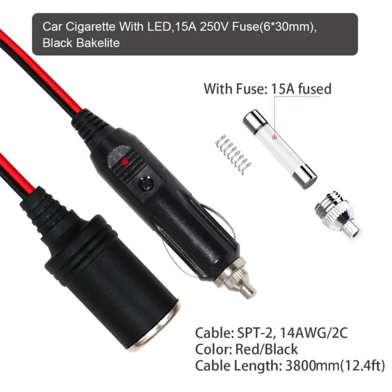12-24V Car Charge Cigarette Lighter Extension Cable Male to Female Socket, 14AWG Heavy Duty Cigarette Lighter Cord with LED Light, 15A Fuse