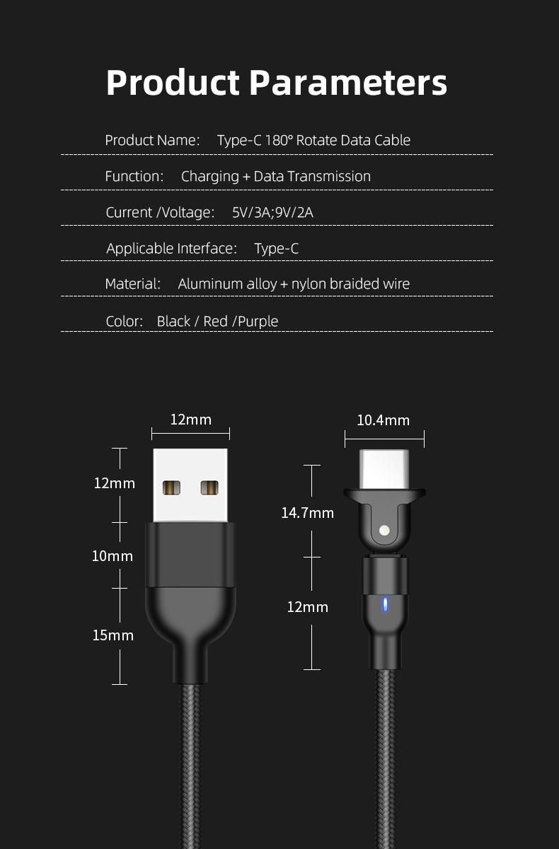 New Style L- Shape 180 Rotation Durable 3FT 6FT Type C USB C Fast Quick USB Charging Cable for Smart Phone