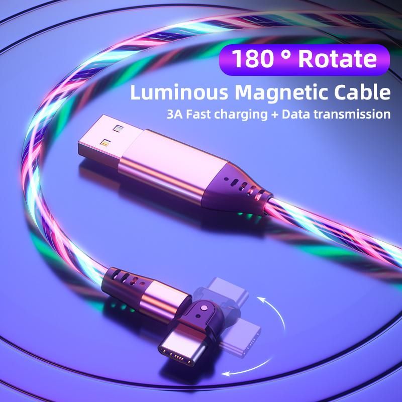 180 Degree Rotation Type C Floe LED Light USB Transfer Charging Cable 3FT LED USB Data Cable
