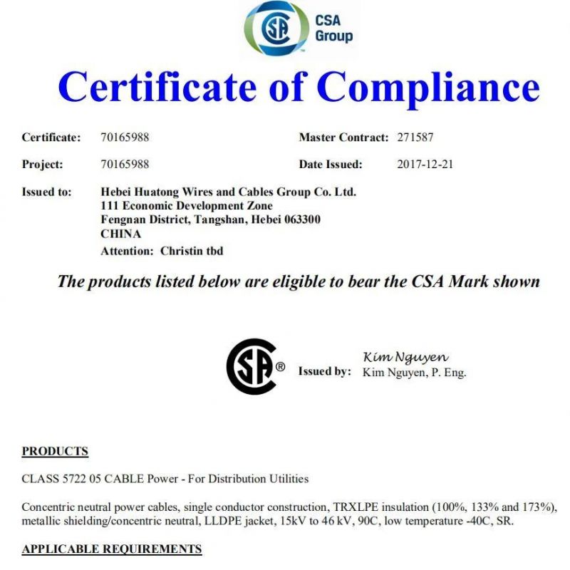 UL 1072 Listed 35kv 500kcmil Mv Cable 100% Insulation Mv90 Mv105 UL Listed Canada