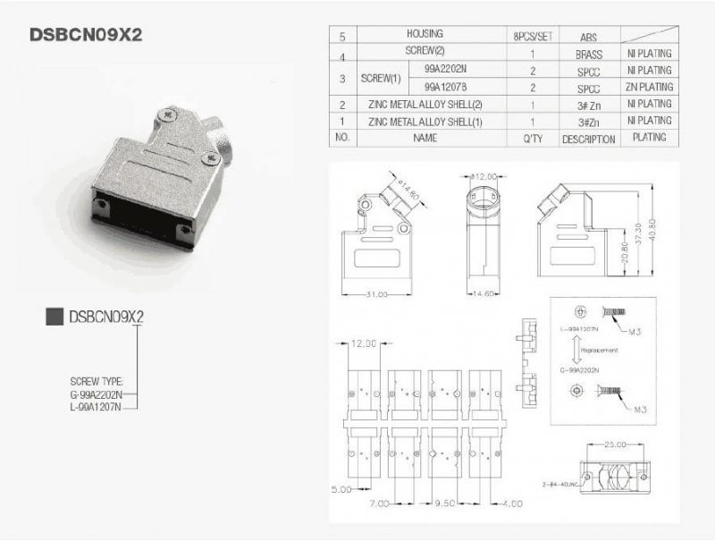 D-SUB 9pin Shell Zinc Hood Cover Assembled Screw