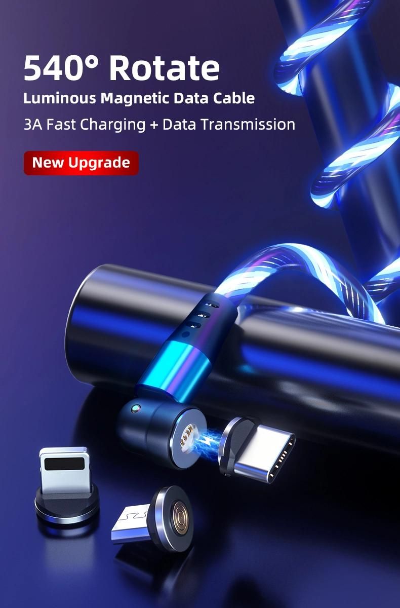 2020 New Trending LED Flowing Light Magnetic Charging Cable Cellphone Fast Charging Cord Micro USB Cable Charger Data Cable Line