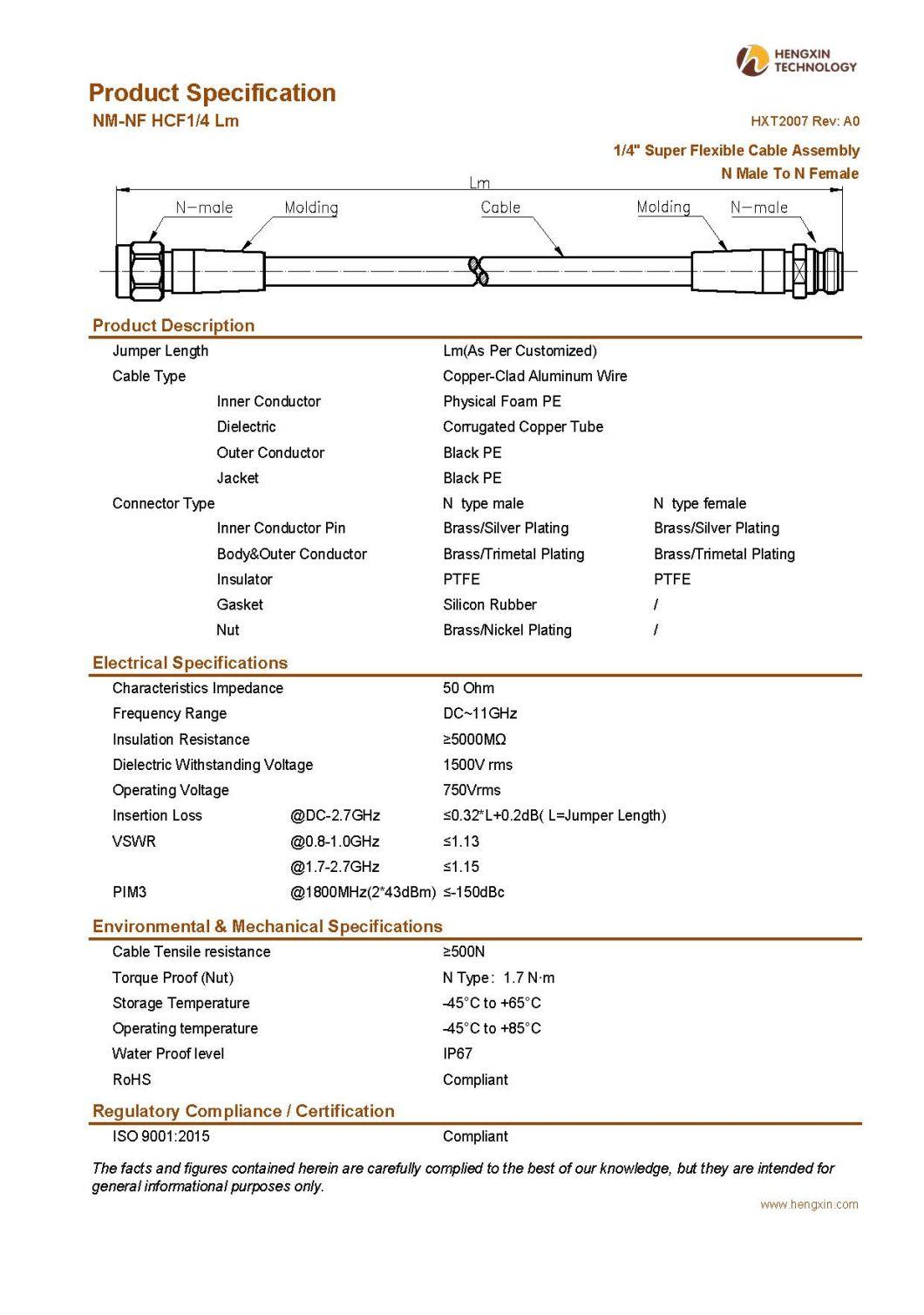RF Coaxial Jumper Cable Assembly with 1/2" Super Flexible RF Cable N Male to N Female