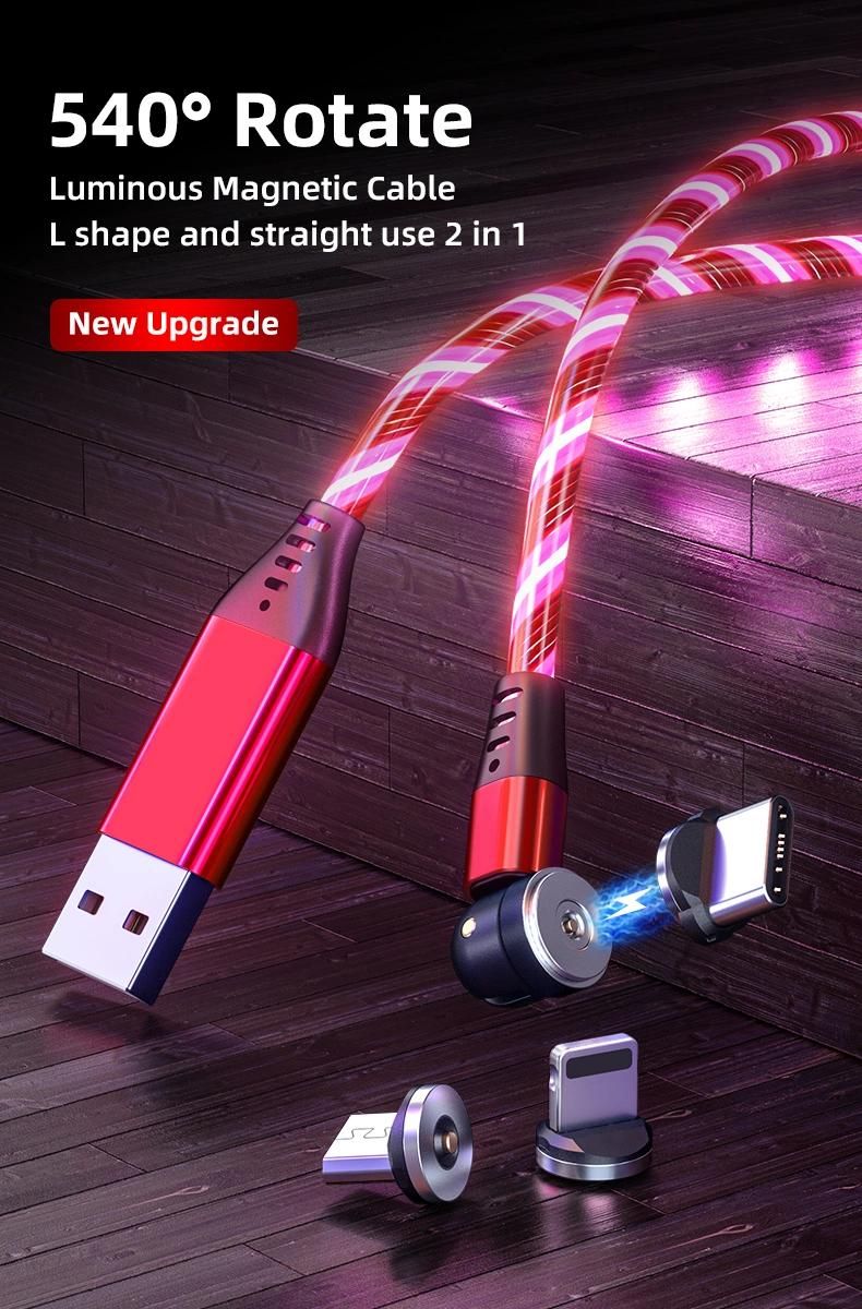 Wholesale 1m 2m 2A LED Light Flowing Luminous USB Magnetic Charging Cable for Android Charger Micro Type C