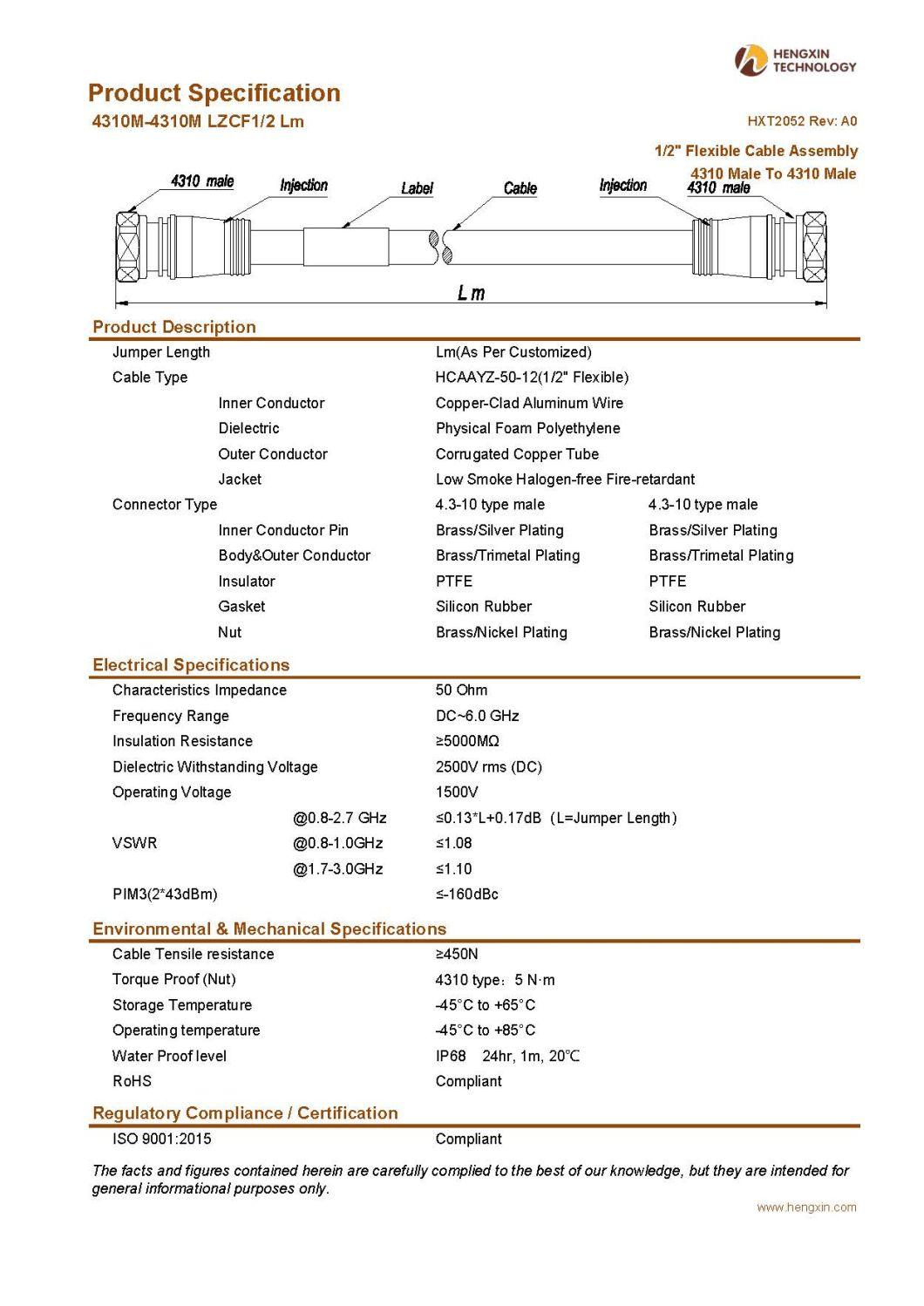 RF Coaxial Jumper Cable Assembly with 1/2" Super Flexible RF Cable 4310 Male to 4310 Male