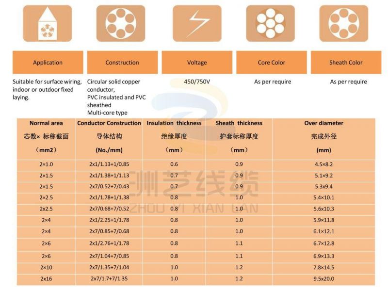 2 Cores Electrical Building Copper Conductor PVC Insulation Electric Flat Cable