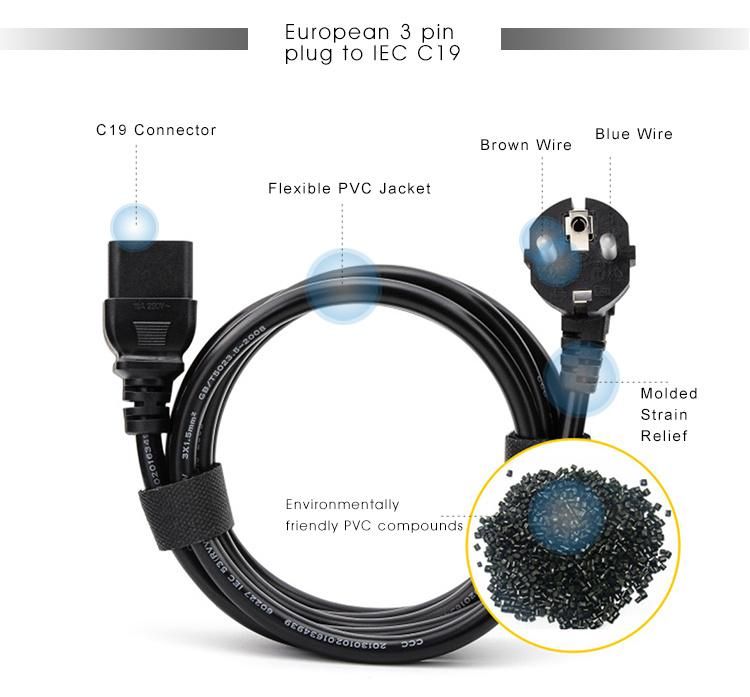 Europe Standard Power Cable High Quality Power Cables EU Plug 3 Pin to IEC C19 AC Power Cord